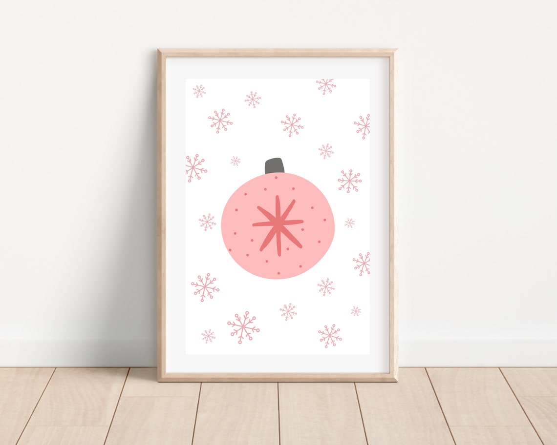 Pink Christmas Ornament Ball and Present Art Print - Image 2