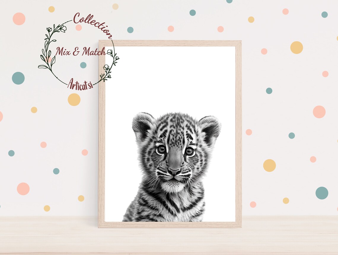 Black And White Baby Tiger Cub Portrait Minimalist Nursery Wall Art