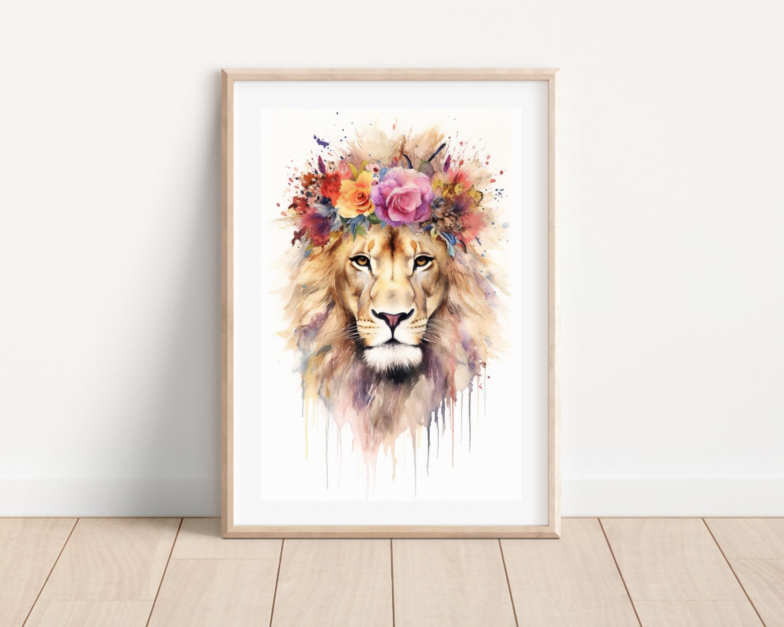 Watercolor Lion Print Flower Crown Animal Art Watercolor Lion Wall Art Safari Animal Painting Original Lion Portrait Drawing