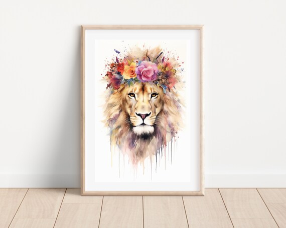 Watercolor Lion with Flower Crown Safari Animal Portrait Poster