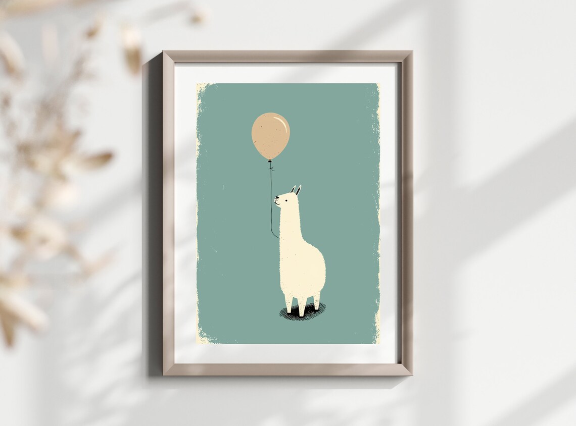 Minimalist Llama Holding Balloon Teal Background Nursery Animal Wall Art - Image 2