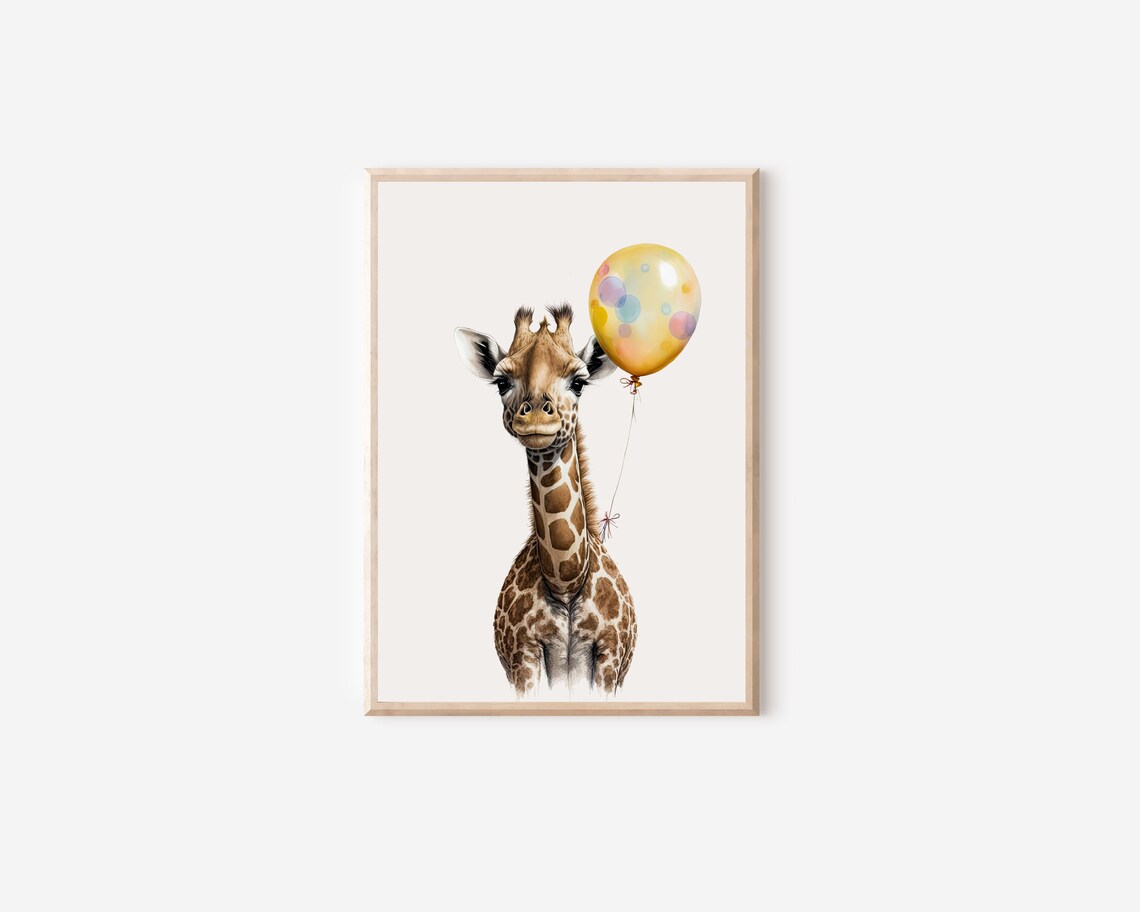 Baby Giraffe Holding Colorful Balloon Nursery Watercolor Safari Wall Art - Image 4