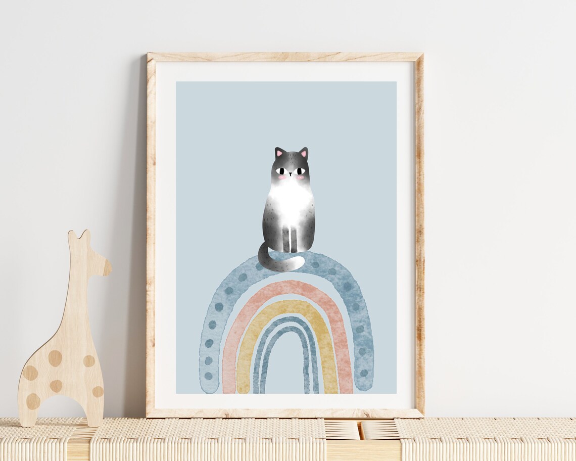 Boho Boy Nursery Cat Print, Blue Rainbow Poster - Image 3
