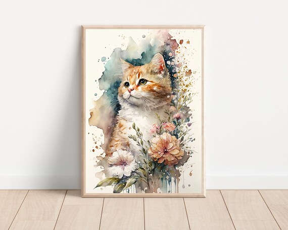 Watercolor Orange Tabby Cat With Floral Botanical Nursery Wall Art