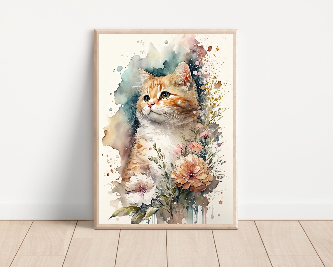 Watercolor Orange Tabby Cat With Floral Botanical Nursery Wall Art