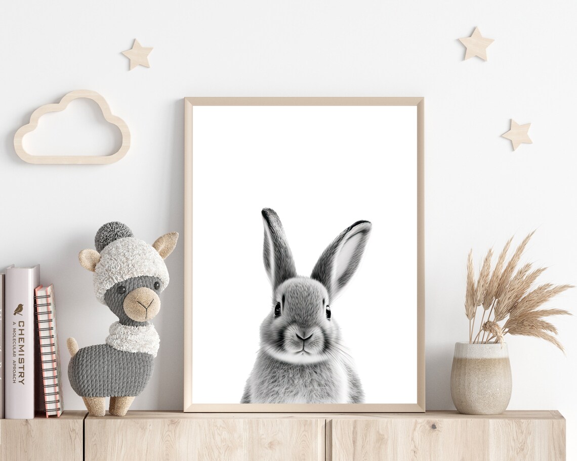 Realistic Black and White Bunny Nursery Art Print - Image 3