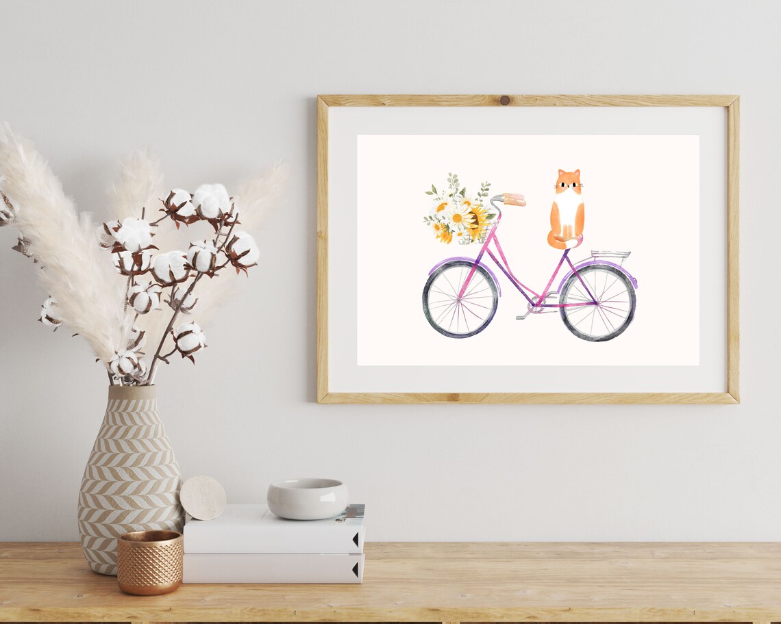 Watercolor Cat on Bicycle, Boho Floral Art Print - Image 3