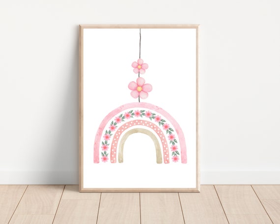 Pink Floral Rainbow Nursery Art Print for Baby Girl