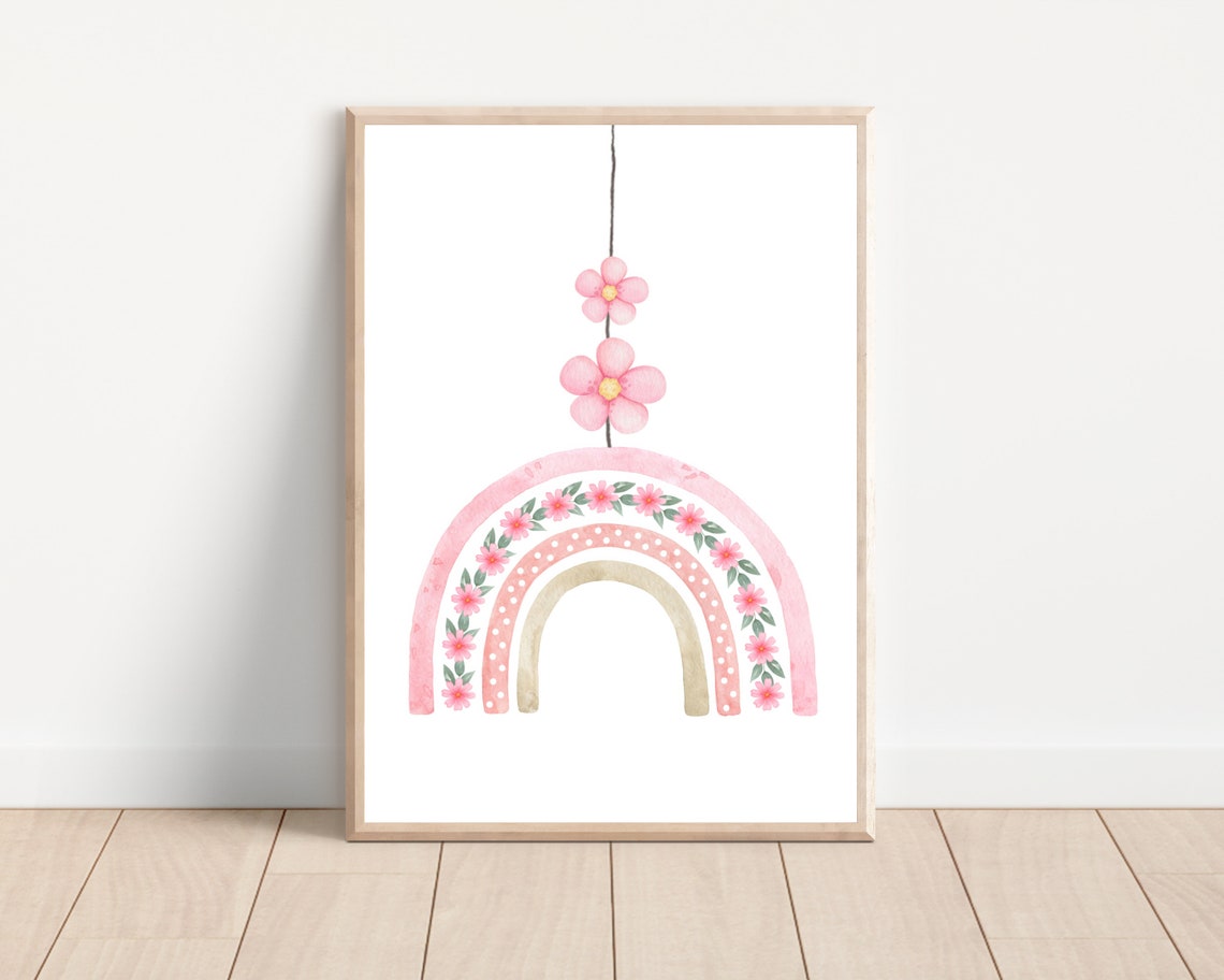 Pink Floral Rainbow Nursery Art Print for Baby Girl