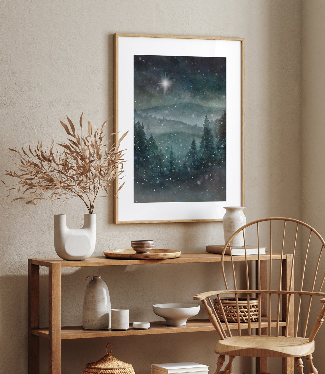 Snowy Pine Forest Bethlehem Star Night Sky Winter Wonderland Poster - Image 3