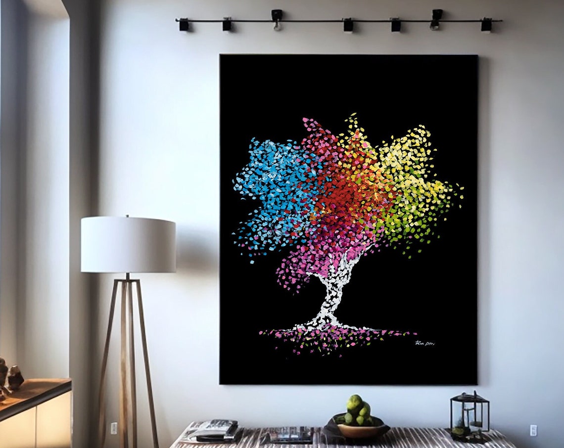 Rainbow Confetti Tree of Life on Black Vertical Modern Art Poster - Image 5
