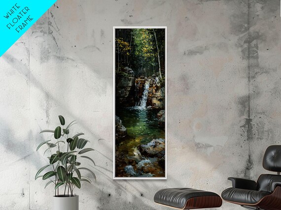 Framed Print Skinny Art Of A Serene Waterfall Cascading Into A Tranquil Pool In A Lush Forest Landscape Perfect Tall Art
