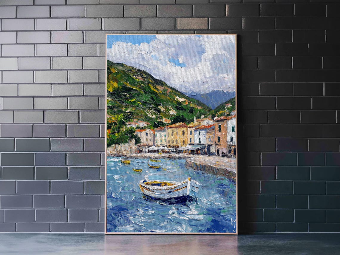 Modern Art Print Italian Fishing Village Italy Oil Painting Neutral Wall Art Seascape Painting Impasto Style Print Boho - Image 3