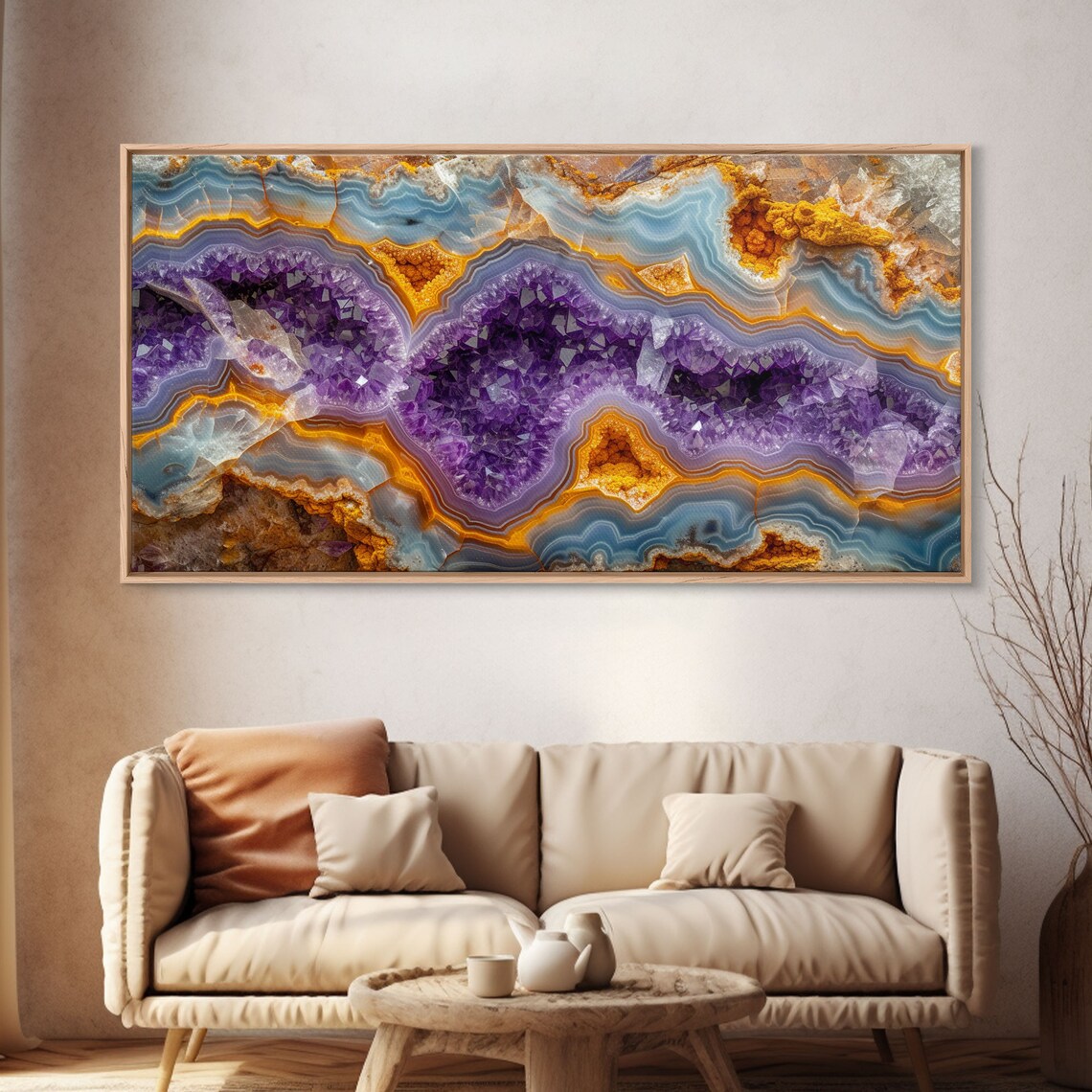 Purple Amethyst Geode Crystal Orange Banded Agate Stone Wall Art - Image 4