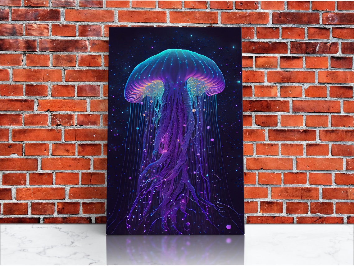Bioluminescent Jellyfish Against A Starry Night Sky Cosmic Jelly Fish Framed Print Synthwave Style Art - Image 3
