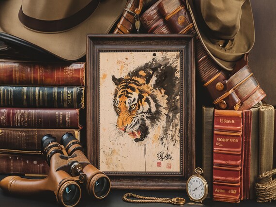 Japanese Ink Tiger Watercolor Roaring Wild Cat Portrait Poster