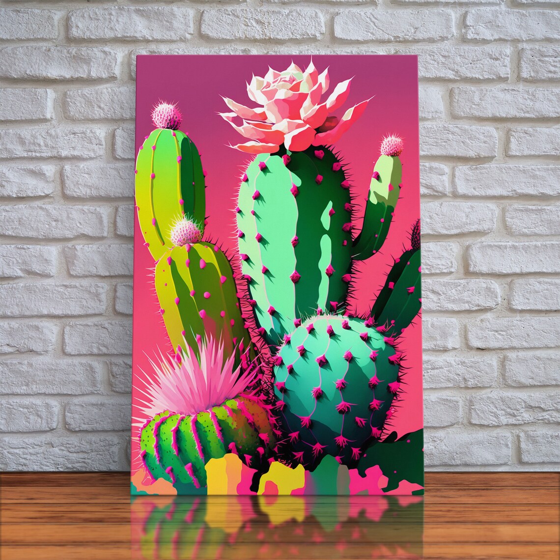 Neon Pop Art Cactus Blooming Flowers Hot Pink Background Art Poster - Image 4
