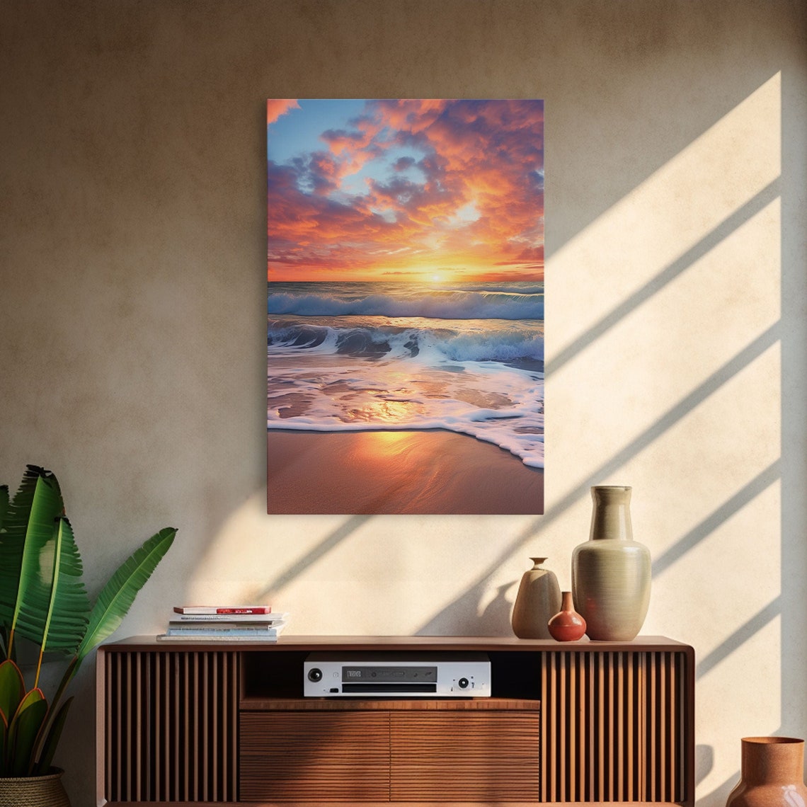 Beach Sunset Waves Foamy Shore Pink Clouds Relaxing Seaside Art Poster