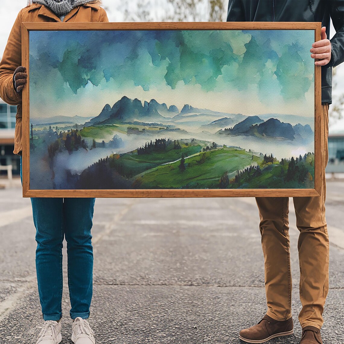 Misty Blue Green Mountain Valley Watercolor Fog Rolling Hills Poster - Image 3