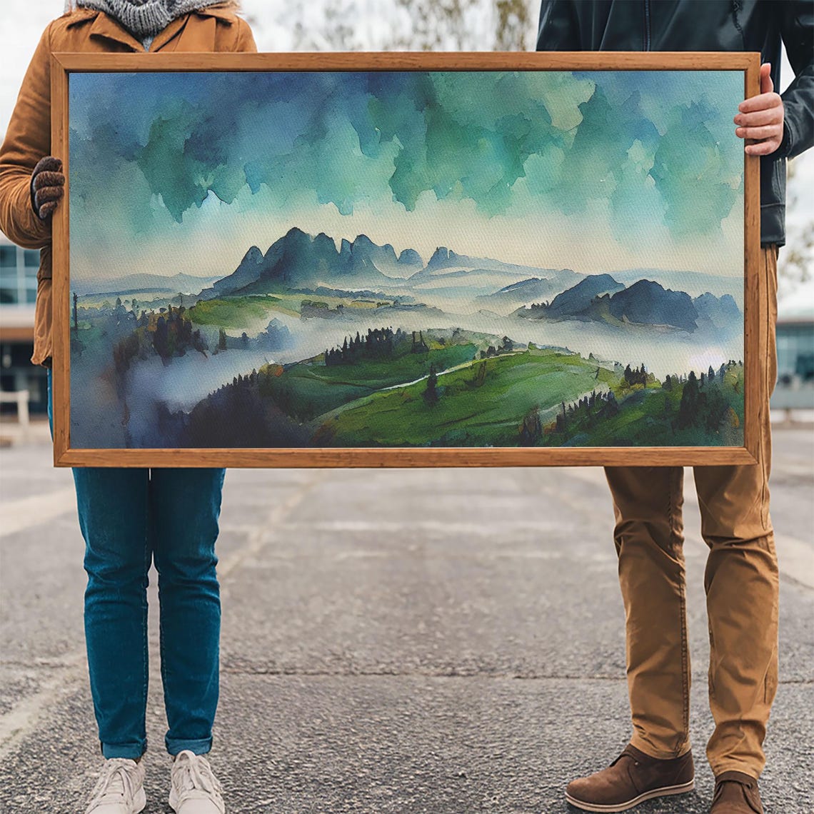 Panoramic Blue Green Mountain Valley Watercolor Art Print Misty Rolling Hills Landscape Extra Large Panorama Print - Image 3