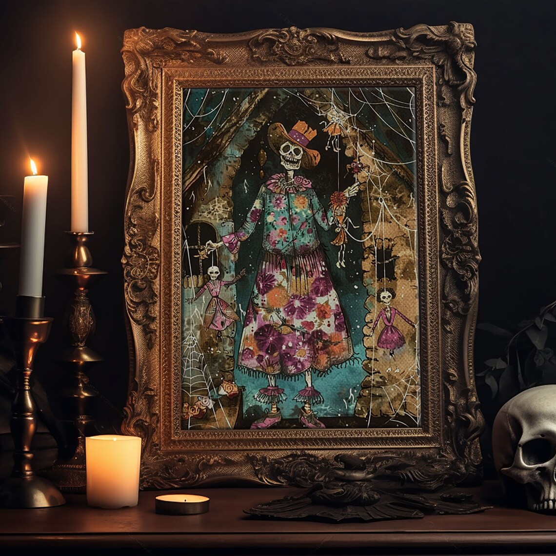 Skeleton Floral Dress Spider Webs Hanging Dolls Halloween Art Poster - Image 6