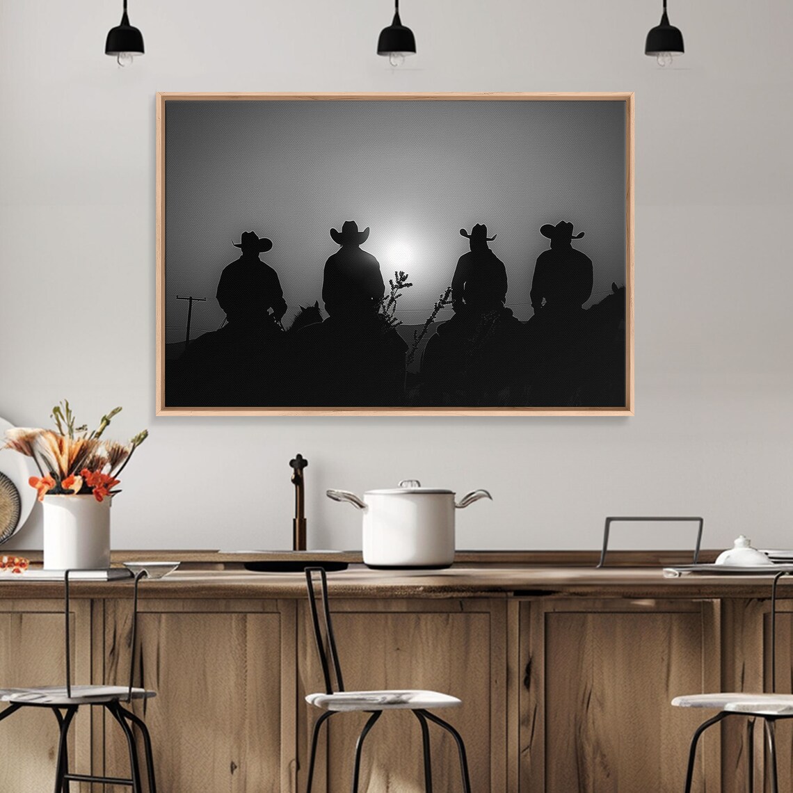 Four Cowboys Silhouette Sunset Riders Black White Western Poster - Image 5