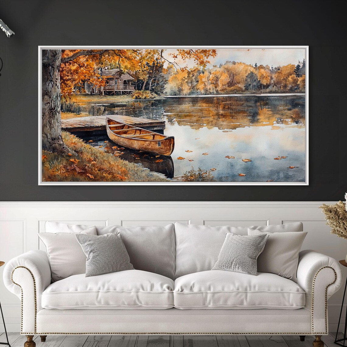 Autumn Canoe On Golden Lake Shore Cabin Woods Watercolor Art Print