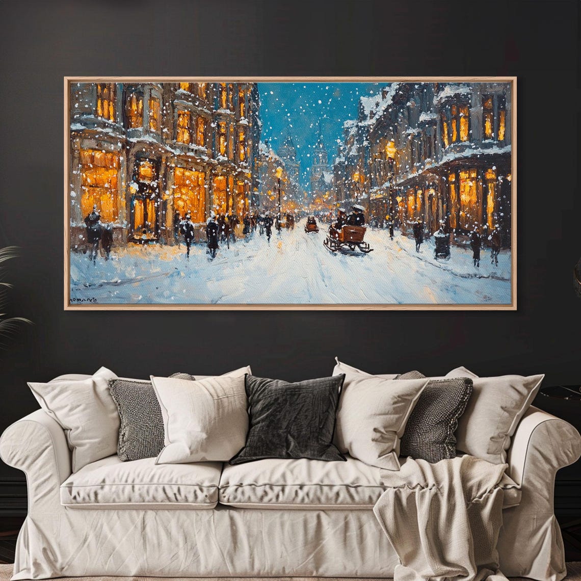Large Framed Print Winter Wonderland Snowy City Street Art With Horse Carriage Perfect Christmas Home Decor Holiday Wall Art - Image 5