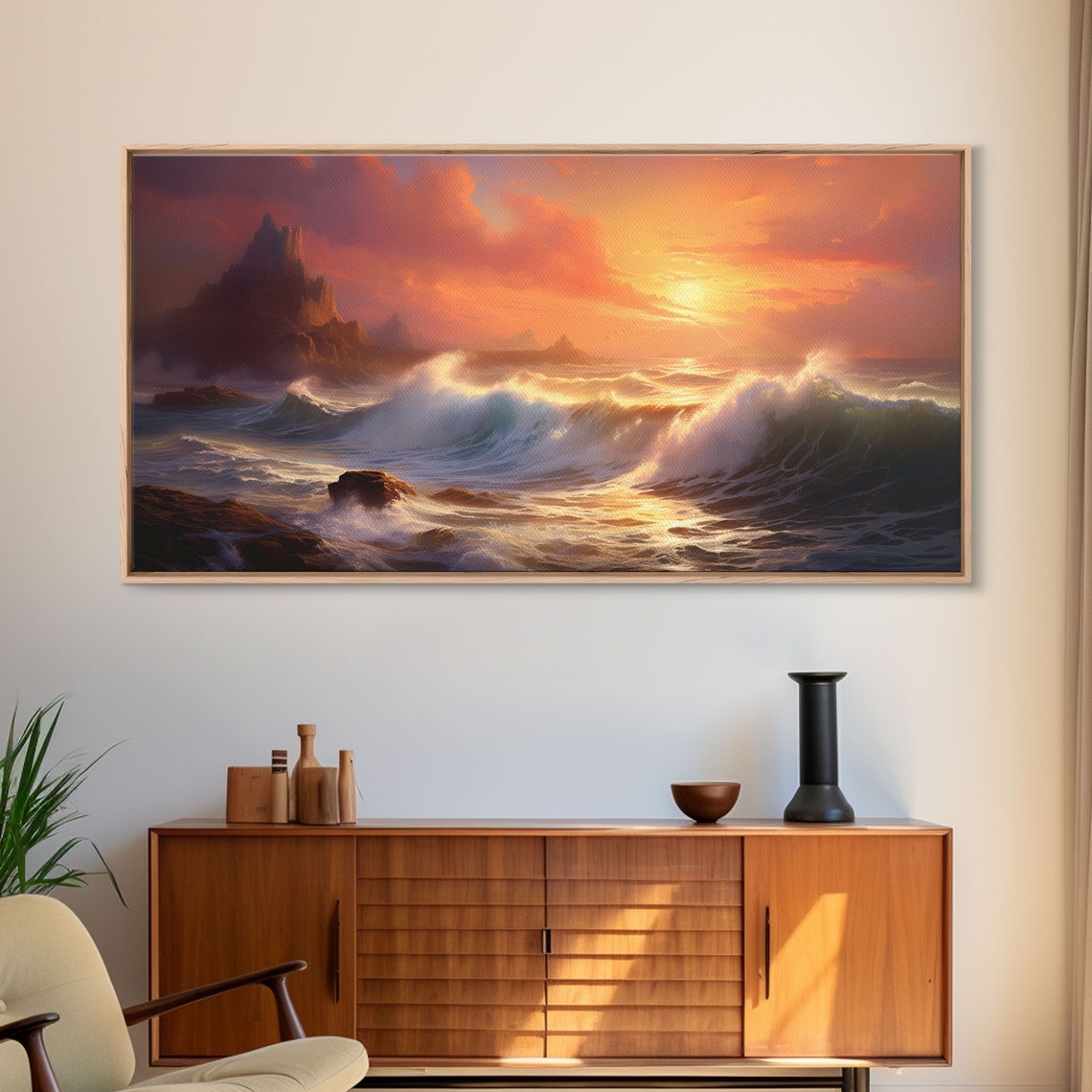 Crashing Waves Rocky Cliffs At Sunset Dramatic Seascape Art Poster