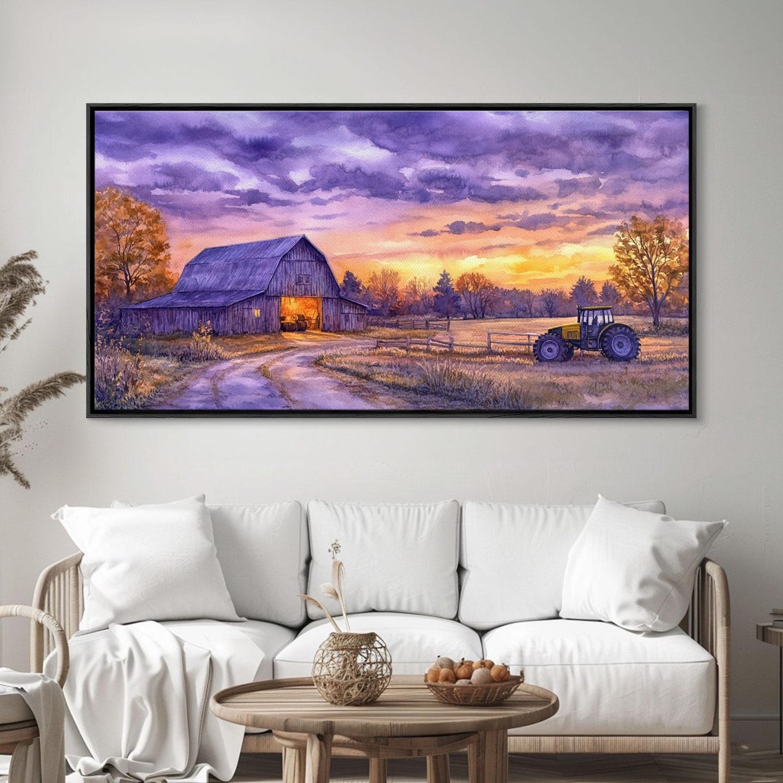 Purple Sunset Sky Barn With Tractor Glowing Farmhouse Art Print - Image 4