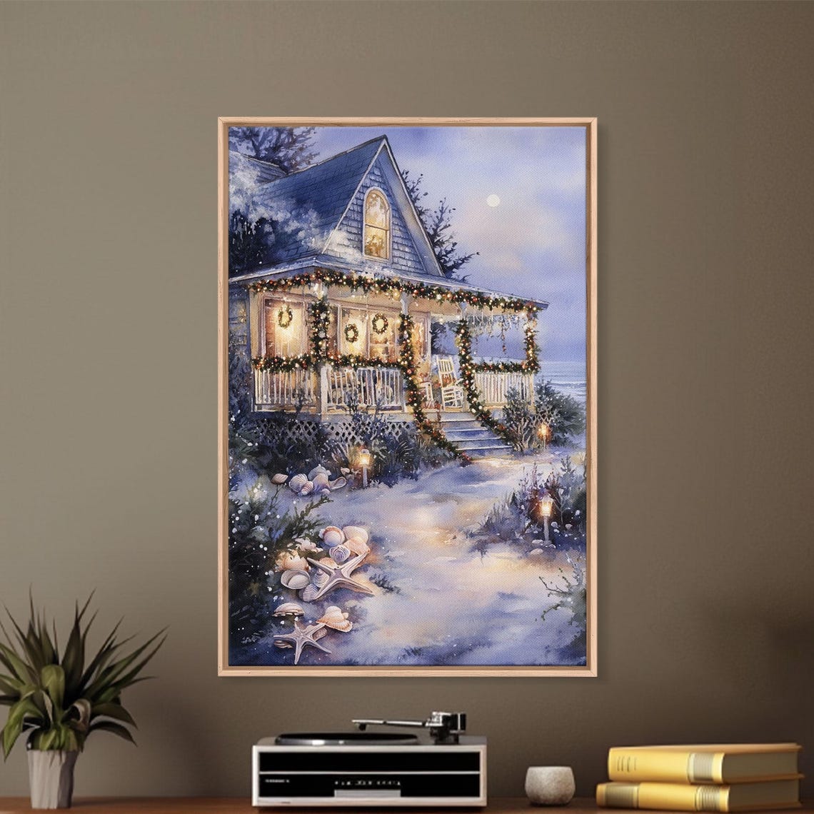Moonlit Beach Cottage Christmas Lights Over Ocean Night Poster - Image 5