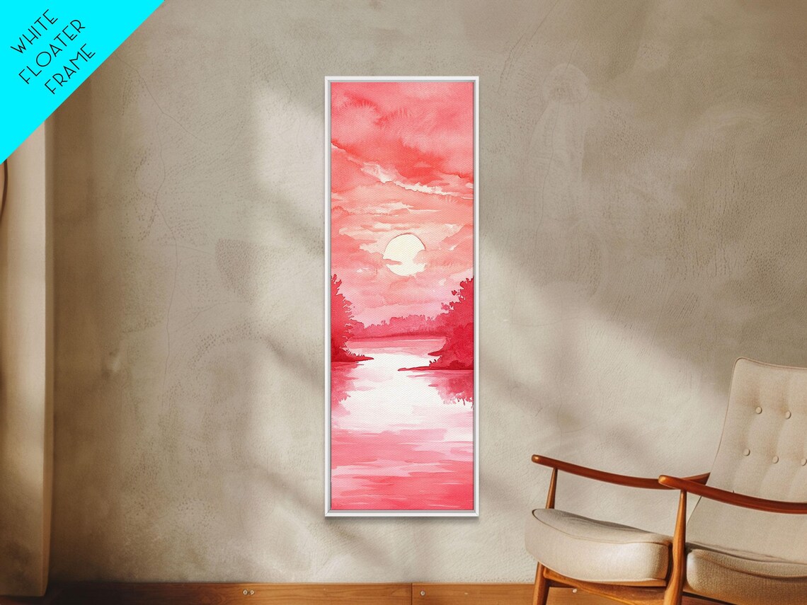 Pink Sunset Lake Watercolor Landscape Painting Vertical Wall Art - Image 2