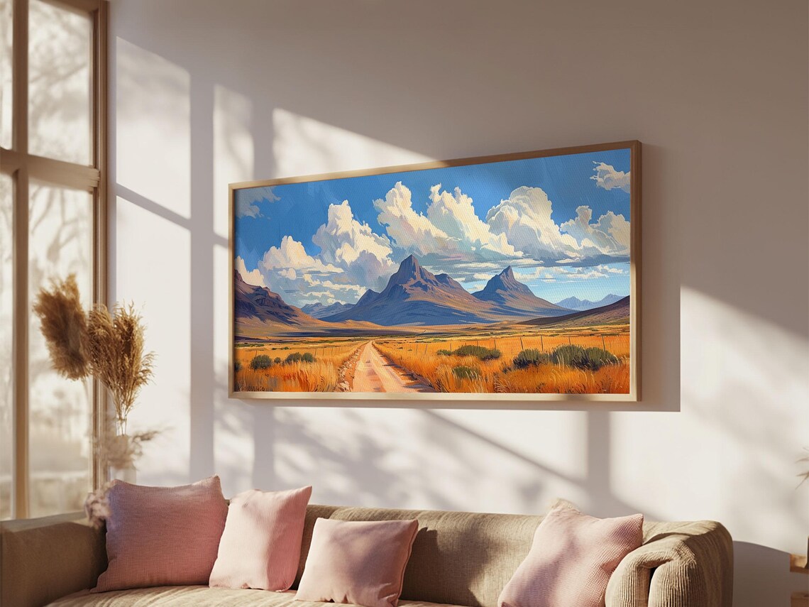 Desert Dirt Road To Purple Mountains Golden Grass Landscape Poster