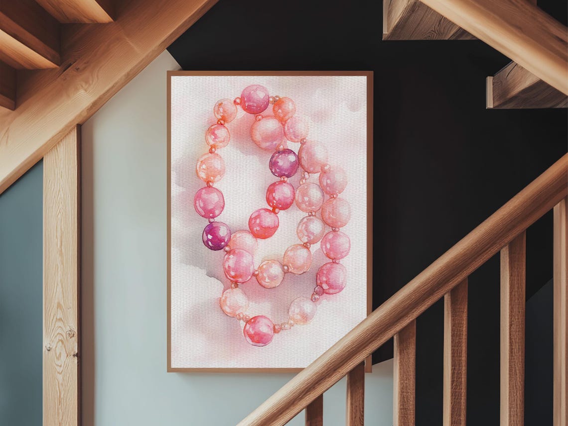 Pink Pearl Necklace Watercolor Elegant Jewelry Vanity Art Print - Image 2