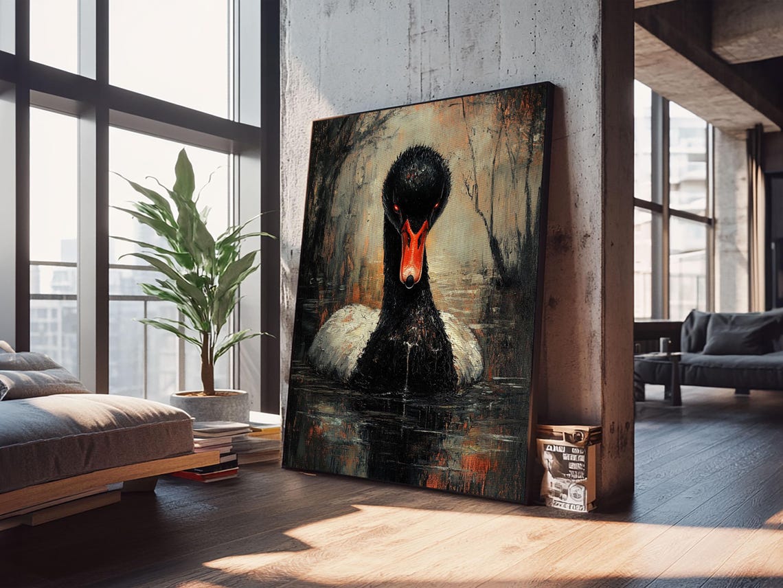 Dark Gothic Black Swan On Still Water Moody Oil Painting Poster - Image 3