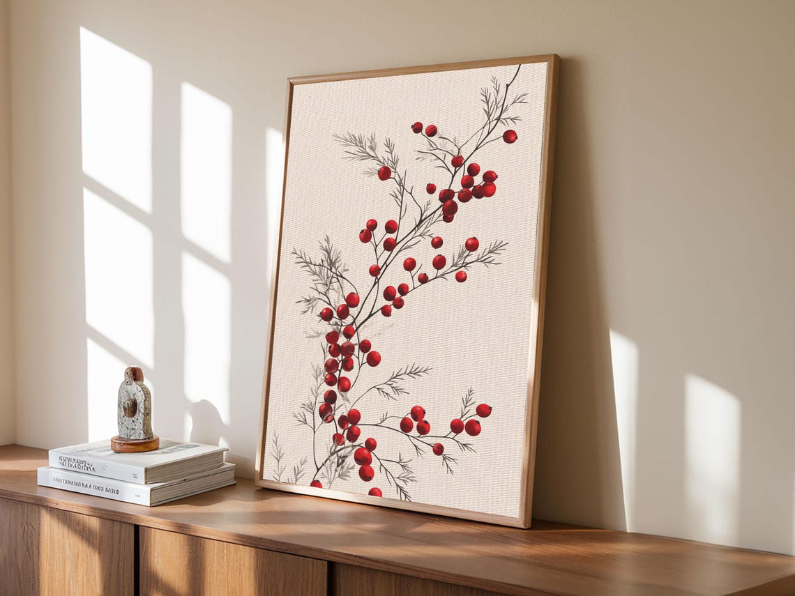 Holly Berries Branch Botanical Minimalist Christmas Wall Art Poster - Image 3