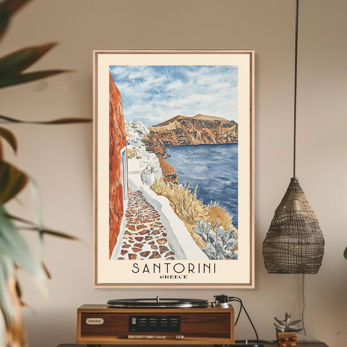 Santorini Greece White Alley Caldera Sea View Red Cliffs Poster - Image 3