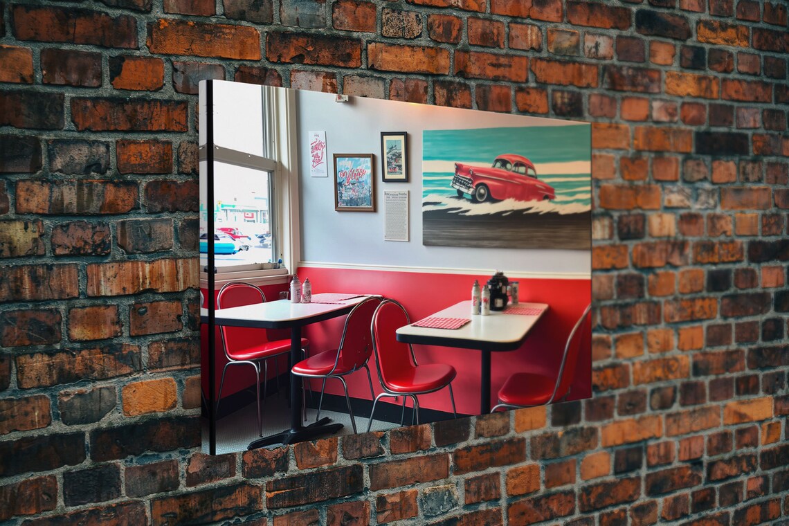 Retro American Diner Interior Red Booths Vintage Car Art Wall Poster - Image 5