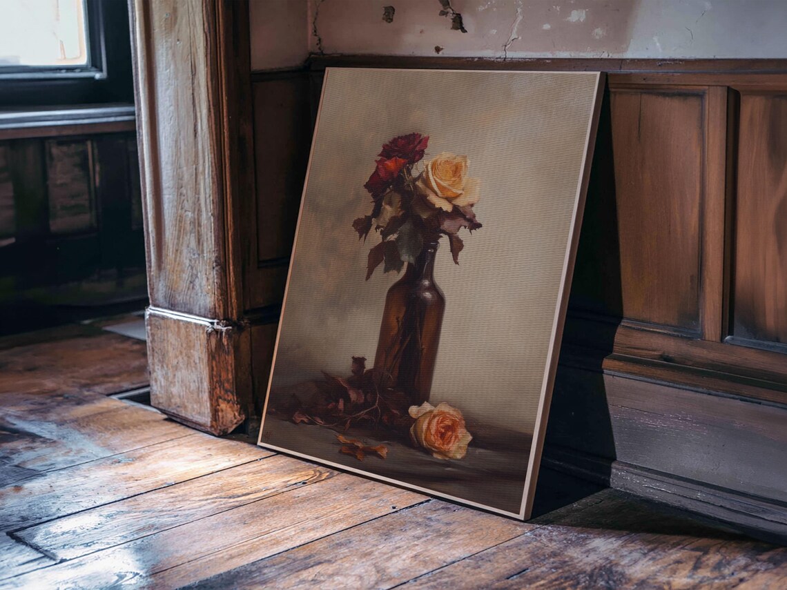 Roses In A Wine Bottle Oil Painting Print Still Life Of Roses Rose Painting Rose Art Moody Decor Subdued Art - Image 2