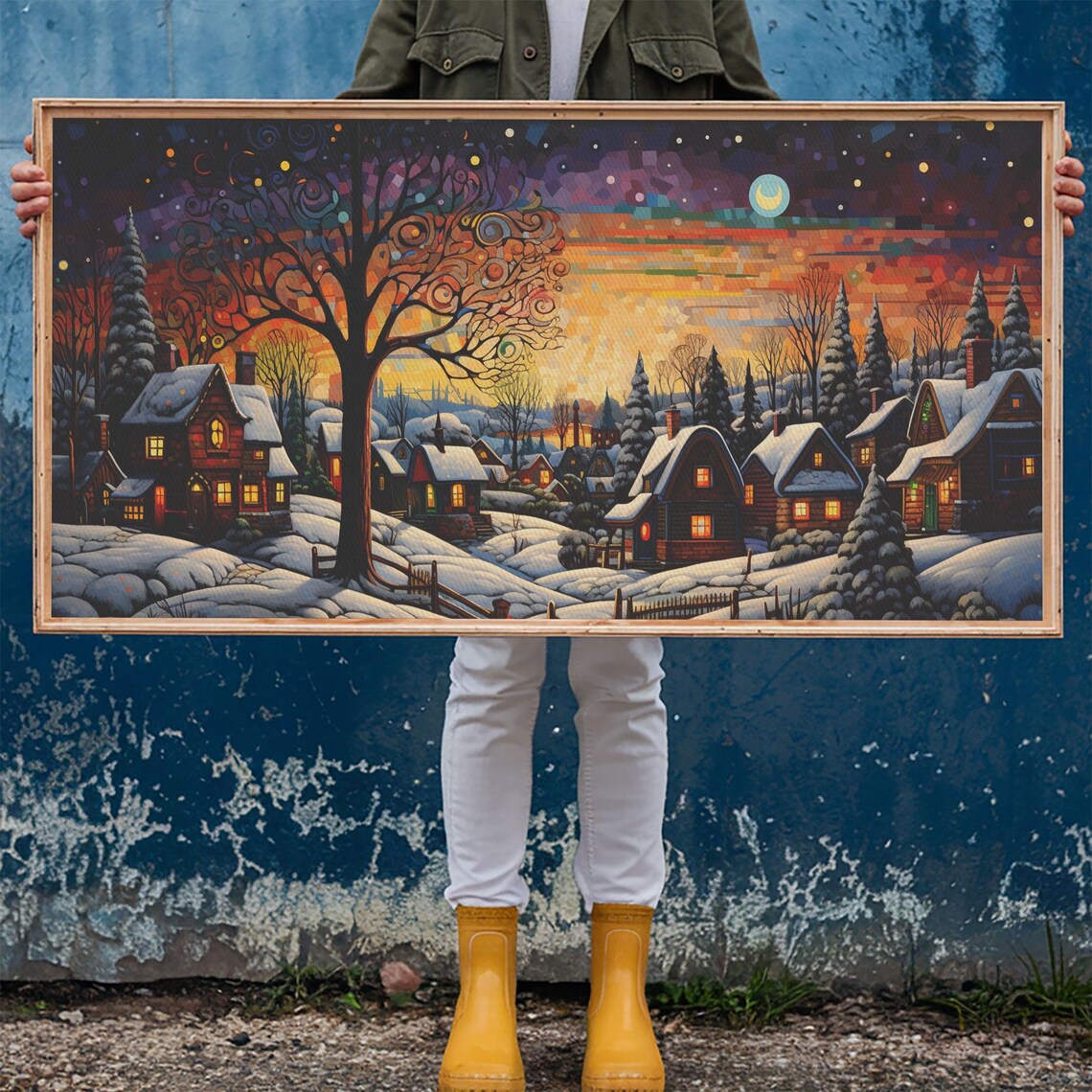 Whimsical Christmas Village At Night Under Swirling Starry Sky Poster - Image 6
