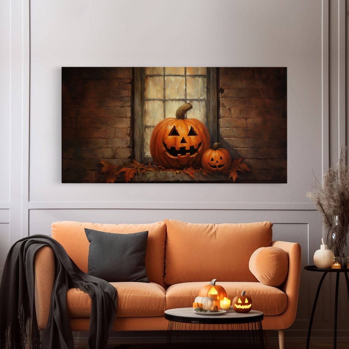 Jack O Lanterns On Old Window Sill With Autumn Leaves Poster - Image 6
