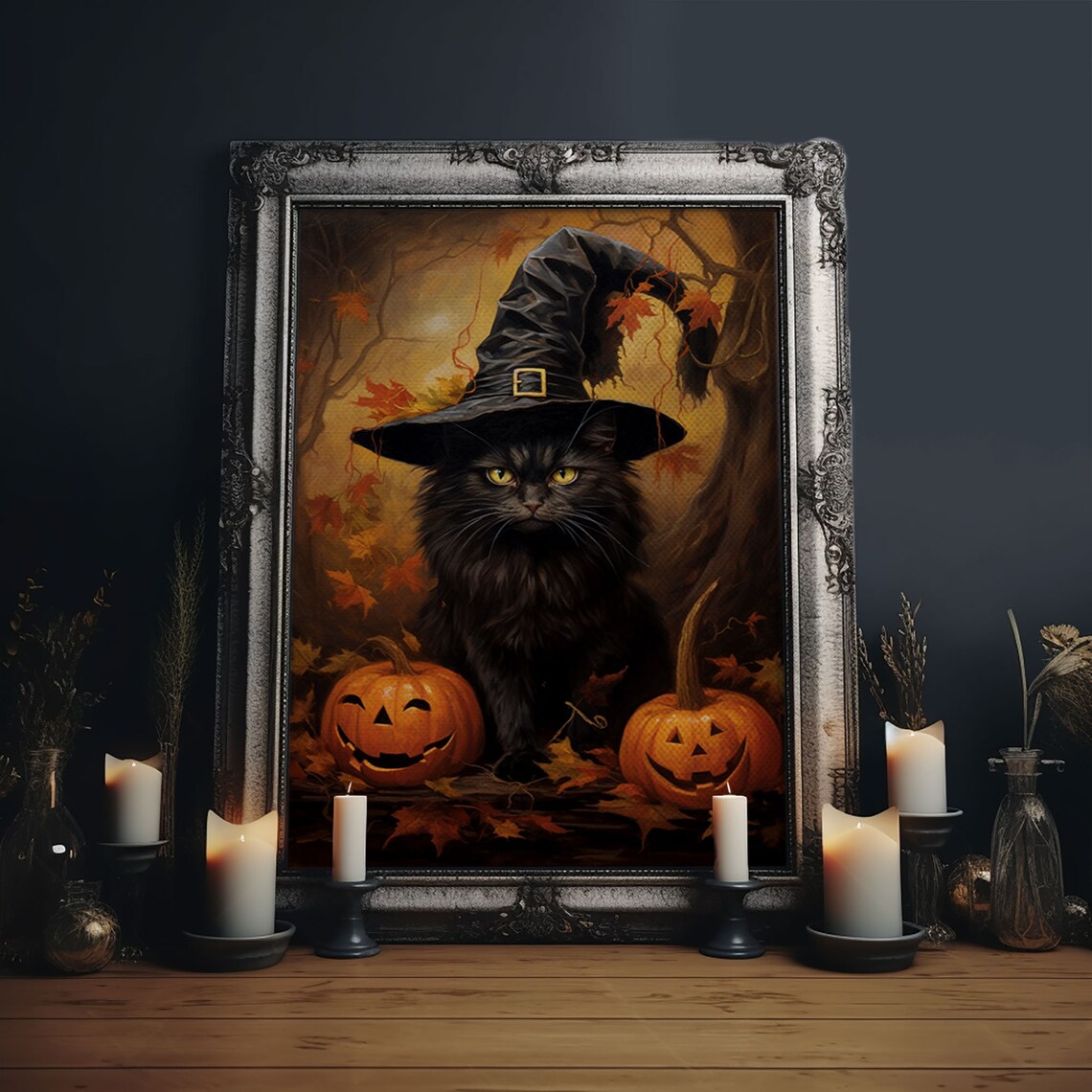 Witch Cat With Jack-O'-Lanterns, Dark Academia Poster