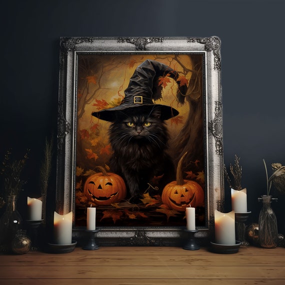 Witch Cat With Jack-O'-Lanterns, Dark Academia Poster