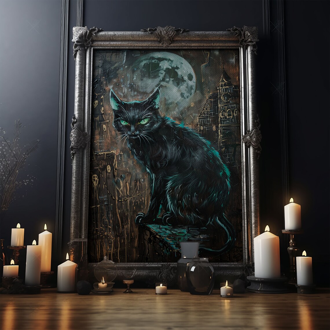 Black Cat With Green Eyes Halloween Gothic Art Print - Image 5