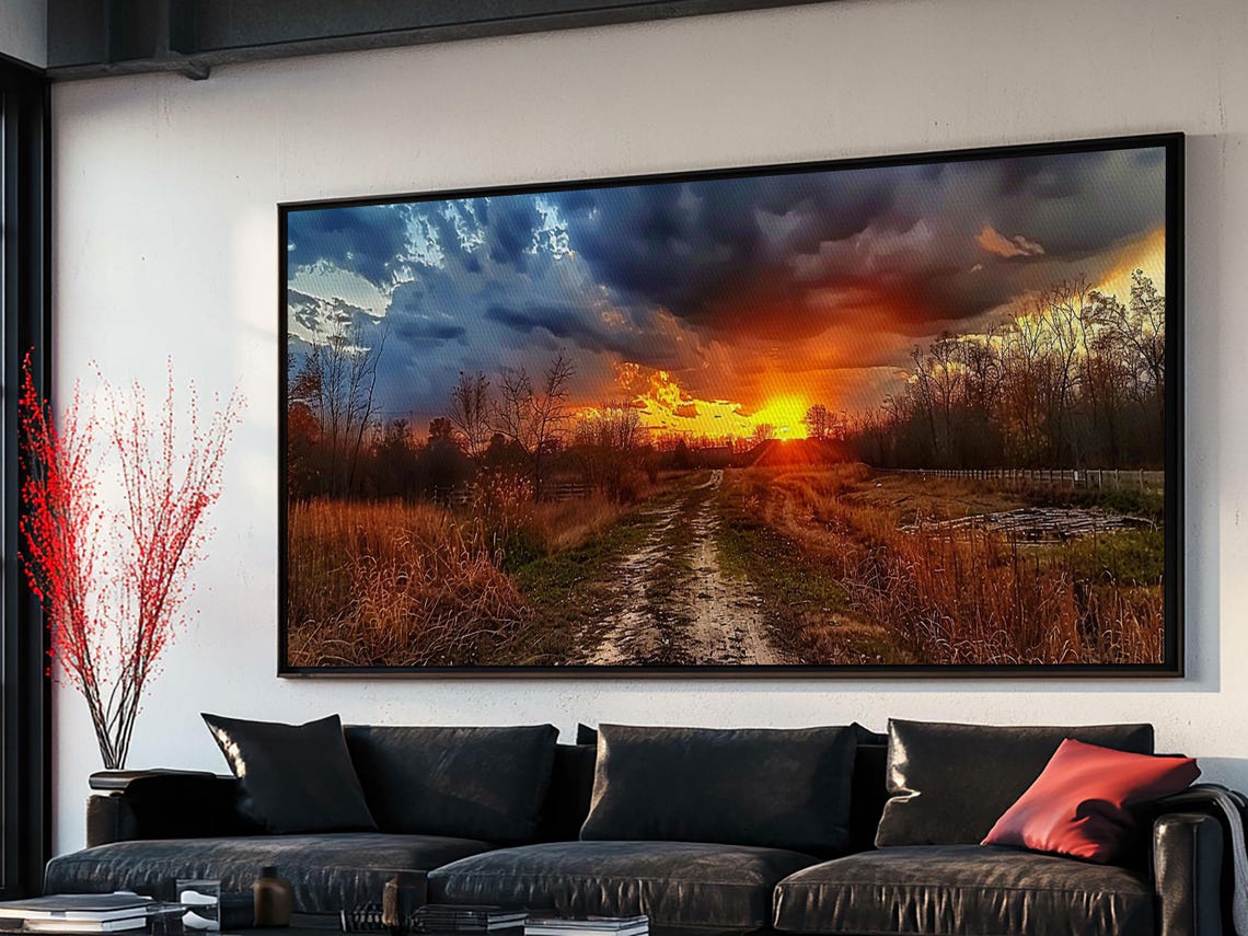 Dirt Road Through Fields At Stormy Sunset Rural Landscape Poster - Image 3
