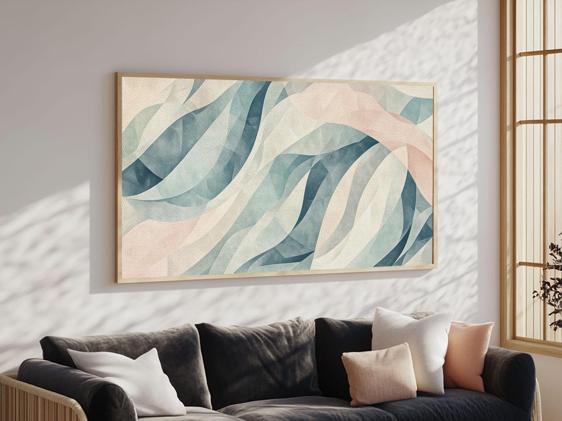 Pastel Blue Pink Abstract Flowing Ribbon Curves Modern Print - Image 5