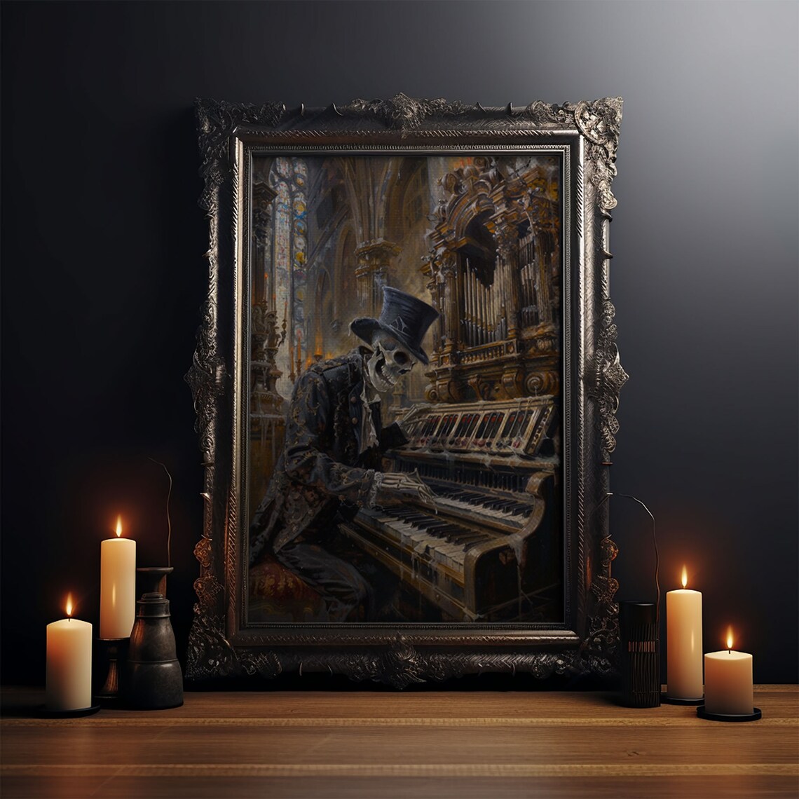 Skeleton Organist Gothic Cathedral Haunted Church Musician Art Poster - Image 3