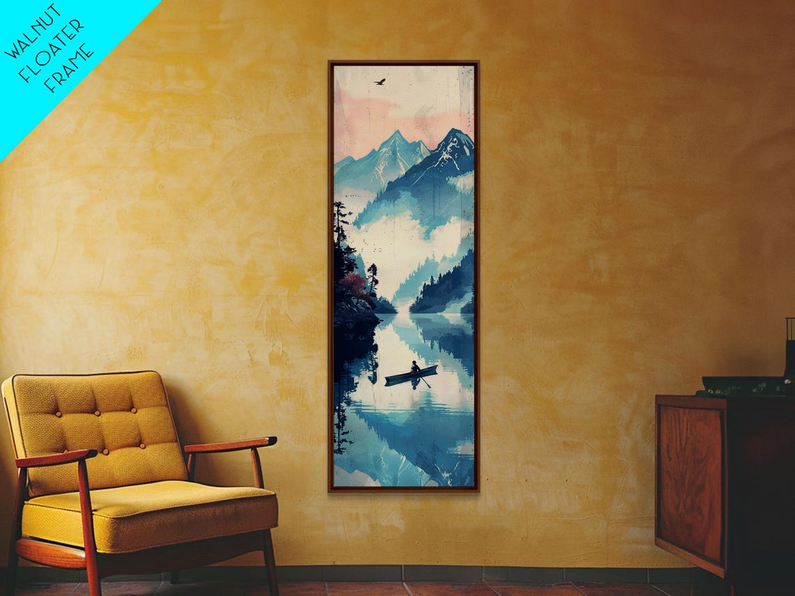 Rowboat Misty Lake Blue Mountains Reflection Serene Ukiyo E Poster - Image 4