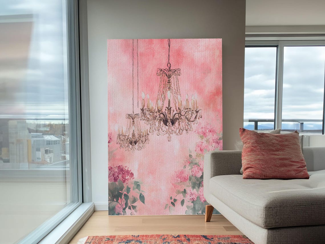 Pink Chandelier Watercolor Crystal Lights Floral Elegant Wall Poster - Image 3