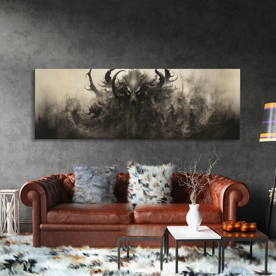 The Demon Horned Skull Misty Gray Underworld Panoramic Wall Art